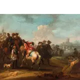 Francesco Casanova, Cavalieri con scena di battaglia sullo sfondo, oil on canvas