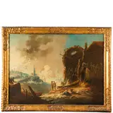 Bartolomeo Pedon, Veduta costiera di fantasia con barche e figure