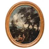 Antonio Francesco Peruzzini, Paesaggio con figure e castello, oil on canvas ovale