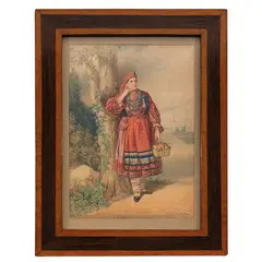Woldemar Hau, Tallinn, 1816 - San Pietroburgo, 1895 / Paesaggio con giovane donna russa / Firmato W Han e datato 1868 in basso a destra, Acquarello su carta