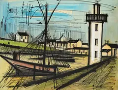 Bernard Buffet, Harbor Scene, Watercolor Painting