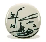 Pablo Picasso, Divers and Beach Scene (2), 1956, Each a convex wall plaque of white earthenware clay, engraving accentuated with oxidized paraffin, glaze bath