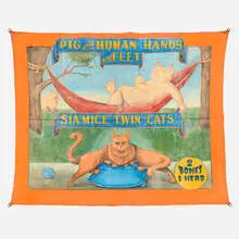 Johnny Meah, Sideshow circus banner, painted canvas, nylon strapping, metal rings