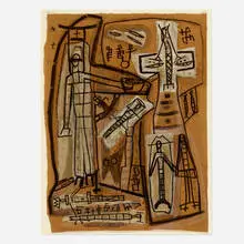 Clyde Connell, People Puppets, 1986, ink and graphite on Brown and Mulberry paper collage