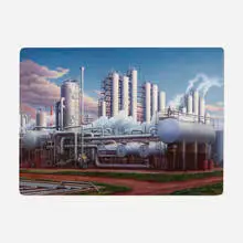 Jackson Lee Nesbitt, Fractionation Towers at Baytown Refinery, 1951, egg tempera on gessoed Masonite