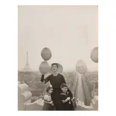 Gleb Derujinsky, Carmen Dell'Orefice Wearing a Christian Dior "Caban" 25 Dress, Atop the Arc de Triomphe, Paris (for 'Harper's Bazaar'), 1957, Gelatin silver print; the photographer's credit stamp, a 'Harper's Bazaar' caption stamp