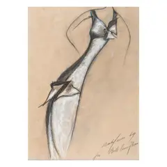 Charles James, Drawing of a White Evening Gown, undated, Graphite, ink, and gouache on paper