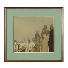 Ernst Deutsch Dryden, Fashion Illustration for Vogue; Venice; Four Figures by a Building (Three Works), ink and whiting on paper; ink wash on paper