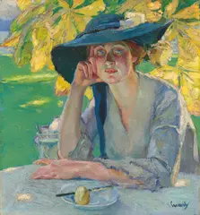 Damenbildnis (Ein kühler Winkel). (Vor) 1926 by Edward Cucuel, Öl auf Leinwand, sold Dec 2022