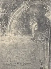 Adolph von Menzel, Innenansicht des „Käppele“ in Würzburg, 1890, Bleistift auf Papier