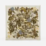 Arman, Temps 2 (Mécanismes de montres), 1976, accumulation of watch parts on three sheets of Plexiglas, encased in a box