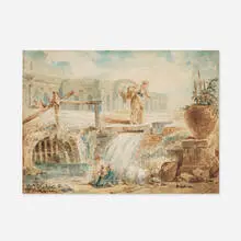 Hubert Robert, Laundresses by Water Cascading into a Stream, 1781, ink and watercolor on paper