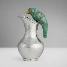 attribution Los Castillo, Pitcher with parrot handle, c. 1980, silver-plated copper, green hardstone composite, gilt metal