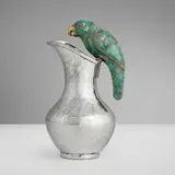 attribution Los Castillo, Pitcher with parrot handle, c. 1980, silver-plated copper, green hardstone composite, gilt metal