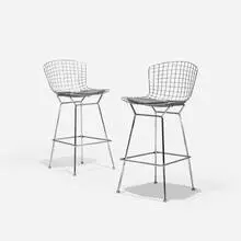 bar stools, pair by Harry Bertoia, chrome-plated steel, vinyl, sold Feb 2016