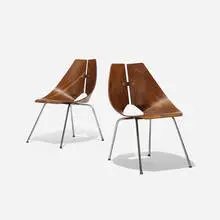 chairs, pair by Ray Komai, 1949, walnut plywood, chrome-plated steel, stainless steel, aluminum, sold Feb 2016
