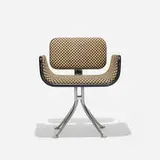 Alexander Girard, armchair, model 66307, 1967, Girard upholstery, cast aluminum, laminate, chrome-plated steel, rubber