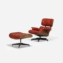 Charles and Ray Eames, 670 lounge chair and ottoman, 1956, rosewood plywood, leather, enameled aluminum, rubber