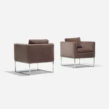 Milo Baughman, lounge chairs, pair, c. 1965, chrome-plated steel, mohair