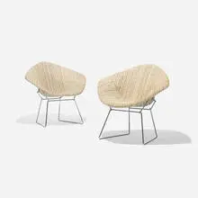 Small Diamond chairs, pair by Harry Bertoia, chrome-plated steel, upholstery, sold Feb 2016