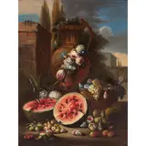 Gaspare Lopez, Paesaggio con natura morta di frutti e fiori, oil on canvas