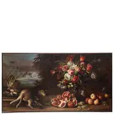 Felice Rubbiani, Paesaggio con natura morta di fiori, frutta e cacciagione, oil on canvas