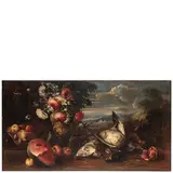 Felice Rubbiani, Paesaggio con natura morta di fiori, frutta e cacciagione, oil on canvas