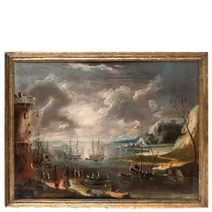 Peter van de Velde, Veduta portuale di fantasia, oil on canvas