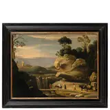 Cornelis van Poelenburch, Veduta della campagna romana con ponte, cascata e viandanti, oil on copper