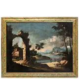 Paesaggio con rovine, figure e lago by Maestro Delle Montagne Azzurre, oil on canvas, offered Mar 2022