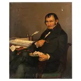 Giuseppe Molteni, Affori 1800 ; Milano 1867 / Ritratto d'uomo / Monogramma GM sul documento appoggiato alla scrivania, oil on canvas