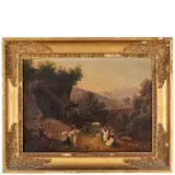 Giacinto Gigante, Napoli, 1806 ; 1876 / Paesaggio con festa popolare / Paesaggio con casolare e viandanti / Firmati G Gigante in basso a sinistra