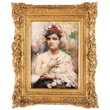 Siviglia, 1852 ; 1912 / Giovane donna con ventaglio / Firmato Garcia Y Ramos, Roma in alto a destra by José García y Ramos, oil on panel, offered Mar 2022