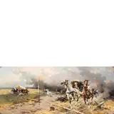 Alfredo Tominz, Trieste 1854 ; 1936 / Incursione di cavalli / Firmato Alfredo Tominz e datato 1905 in basso a destra / Al retro, dipinto Fantini a cavallo, oil on panel