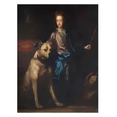 John Baptist Closterman, Portrait of a young nobleman, full length, in a plum-coloured coat and blue mantle, standing with his pet mastiff and holding a gun, oil on canvas