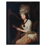 George Romney, Portrait of Eglantine Maxwell, Lady Wallace of Craigie, seated, three-quarter length, in a cream dress and bonnet and playing a harp, oil on canvas