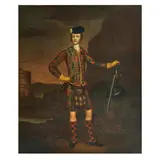 James Worsdale, Portrait of Prince Charles Edward Stuart, full length standing, in Highland dress, with a targe, sword and pistol, in a landscape by a castle keep, oil on canvas
