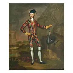 James Worsdale, 'Harlequin' portrait of Prince Charles Edward Stuart, full length, in Highland dress, standing with a targe, sword and pistol, before a castle keep, oil on canvas