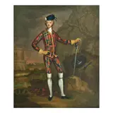 James Worsdale, 'Harlequin' portrait of Prince Charles Edward Stuart, full length, in Highland dress, standing with a targe, sword and pistol, before a castle keep, oil on canvas