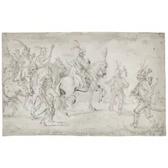 Roelandt Savery, A sketch of cavalry and foot soldiers, possibly Polish or Hungarian, black chalk on laid greyish paper, watermark W in a shield surmounted by conjoined letters HE