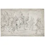 Roelandt Savery, A sketch of cavalry and foot soldiers, possibly Polish or Hungarian, black chalk on laid greyish paper, watermark W in a shield surmounted by conjoined letters HE