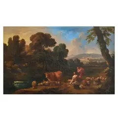 Herders resting with their animals by a river, before an extensive landscape by Andrea Locatelli, oil on canvas, sold Jul 2026