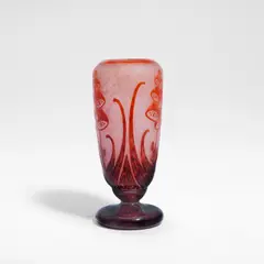 Charles Schneider, 'Digitale' Le Verre Français vase, circa 1920, Mottled and frosted pink and clear glass, acid-etched in relief with floral and foliate design, overlaid in mottled orange and brown