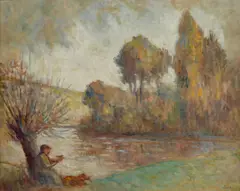 Maximilien Luce, Pêcheur et son Chien au Bord de la Rivière, oil on paper laid down on canvas