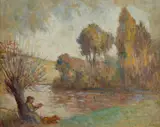 Maximilien Luce, Pêcheur et son Chien au Bord de la Rivière, oil on paper laid down on canvas