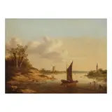 Dutch School, A fisherman on a river before a windmill, oil on canvas