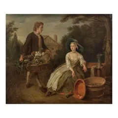 French School, Figures in an exterior with wash pots and a basket of fruits and vegetables, oil on canvas