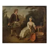 French School, Figures in an exterior with wash pots and a basket of fruits and vegetables, oil on canvas