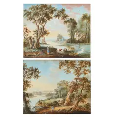 Sarah Scholey, Arcadian Landscape with Figures, a pair, gouache on paper