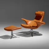 Seagull chair and ottoman by Gösta Berg and Stenerik Eriksson, 1968, matte chrome-plated steel, leather, sold Apr 2022
